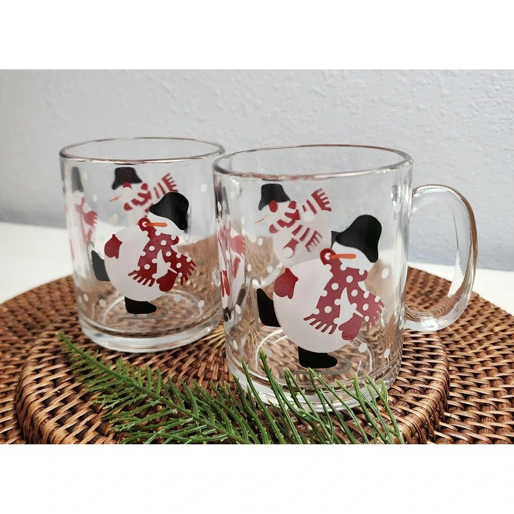 Pair of Luminarc‎ Glass Snowman Mugs by Crate and Barrel, c. 1980, Cute Snowmen!